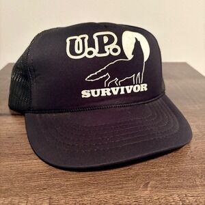 Vintage U.P. Survivor Trucker Hat Wolf‎ Graphic Black Snapback Mesh Cap
